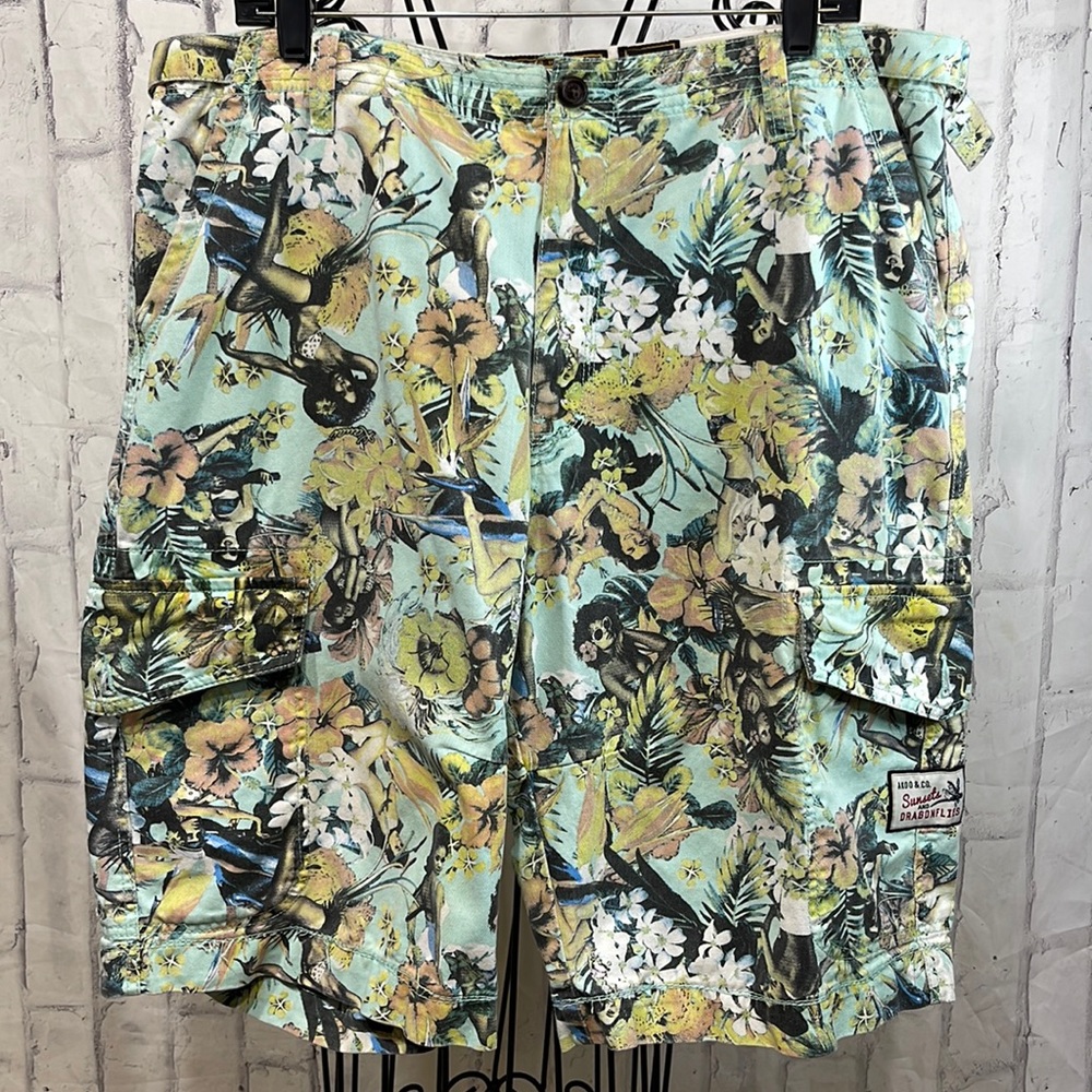 Akoo Brand Cargo Shorts Sunsets and Dragonflies Hawaiian Print Pinup Girl Floral